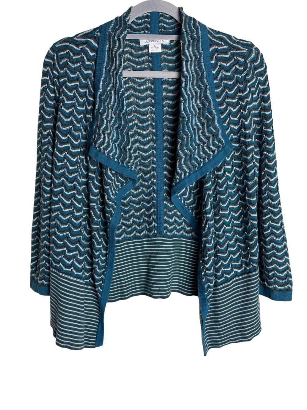 Liz Claiborne Teal Chevron Pointelle Knit Open Front Cardigan Size S Waterfall